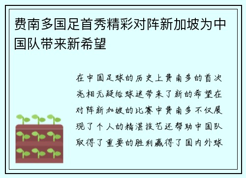 费南多国足首秀精彩对阵新加坡为中国队带来新希望 费南多国足首秀精彩对阵新加坡为中国队带来新希望
